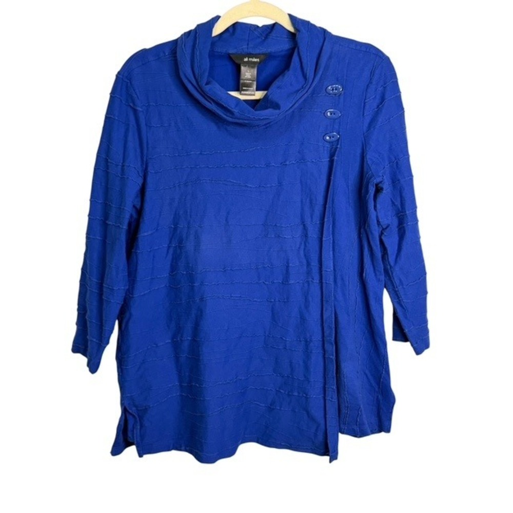 Ali Miles Women's Royal Blue Textured Cowl Neck Button Detail Top Size Large